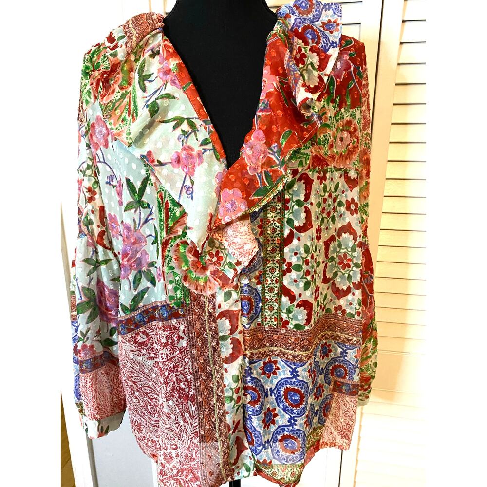 ZARA Boho Ruffled Neckline Swiss Dot Chiffon Patchwork Print Blouse Size Small
